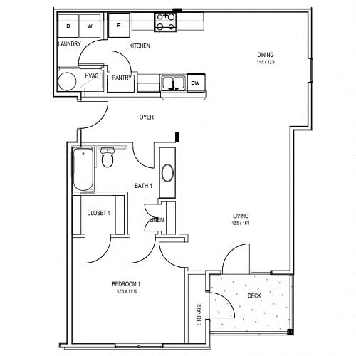 Floor plan for 1 bed, 1 bath, 930 sqft